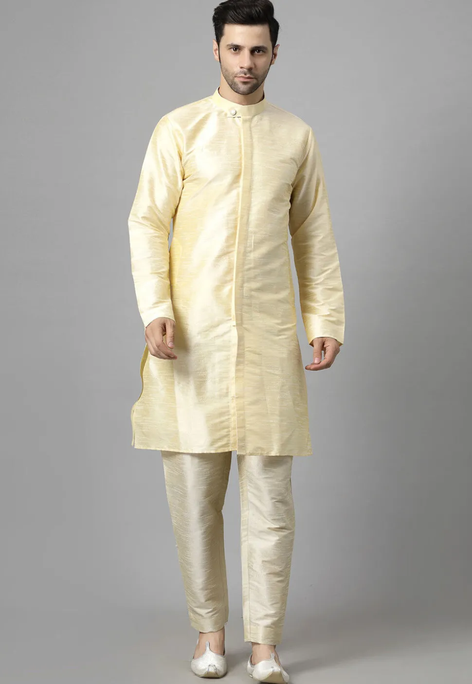 Embroidered Art Silk Sherwani in Light Beige and Yellow