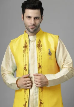 Embroidered Art Silk Sherwani in Light Beige and Yellow