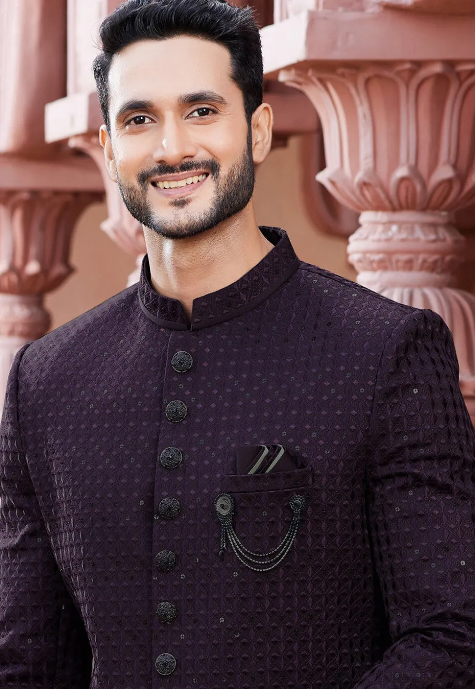 Embroidered Art Silk Sherwani in Wine