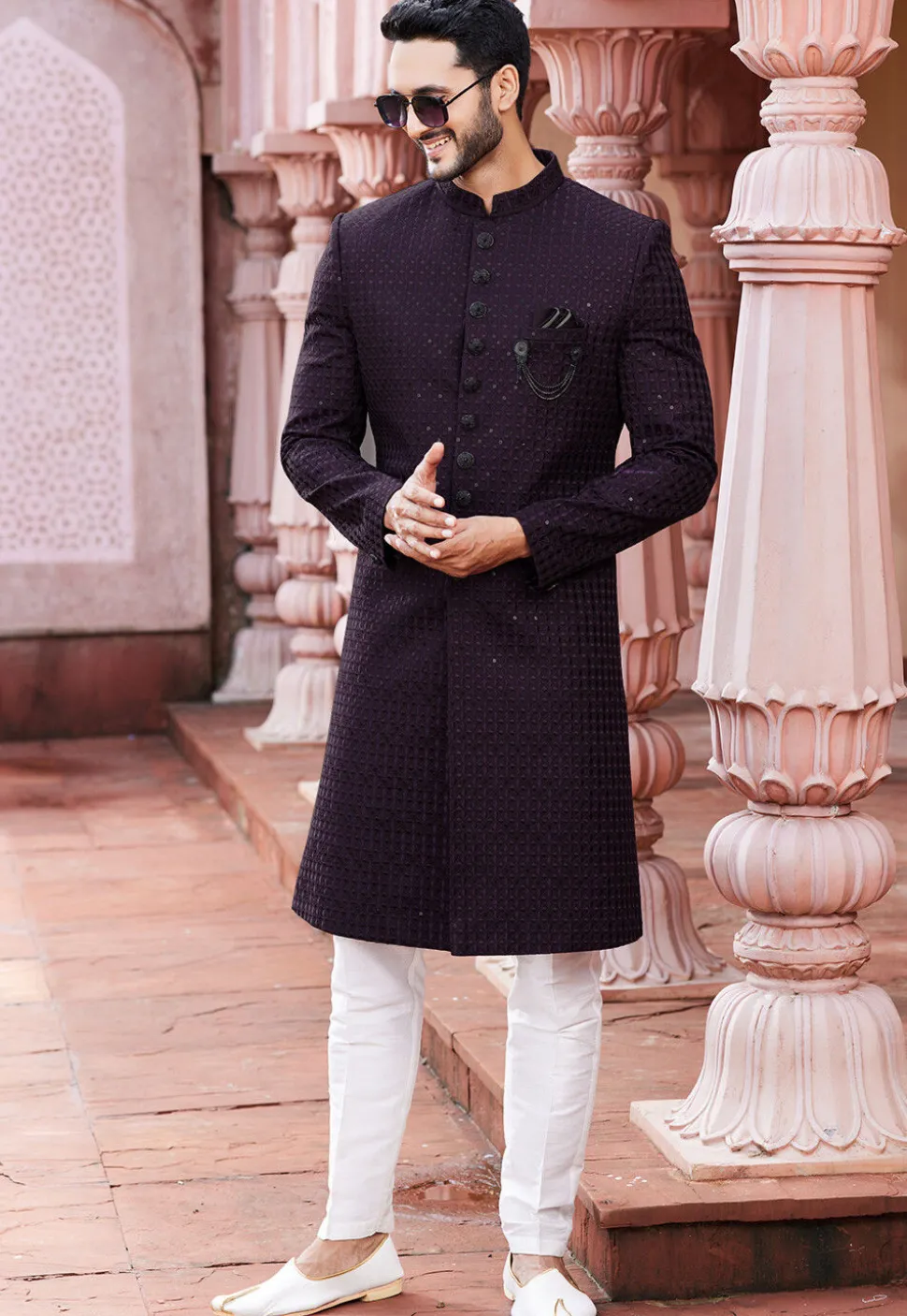 Embroidered Art Silk Sherwani in Wine