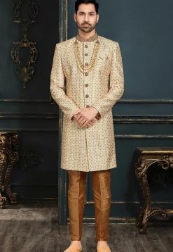 Embroidered Art Silk Sherwani in Beige
