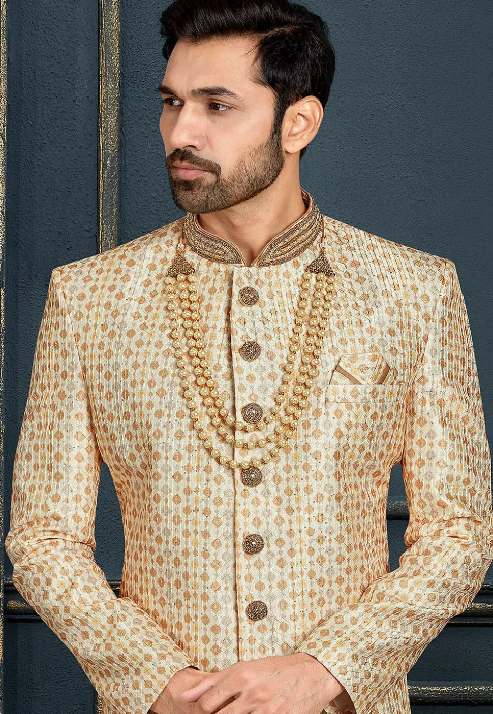 Embroidered Art Silk Sherwani in Beige