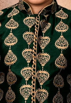 Embroidered Art Silk Sherwani Set in Dark Green