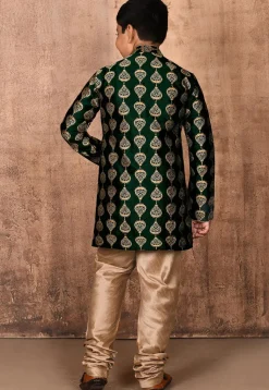Embroidered Art Silk Sherwani Set in Dark Green