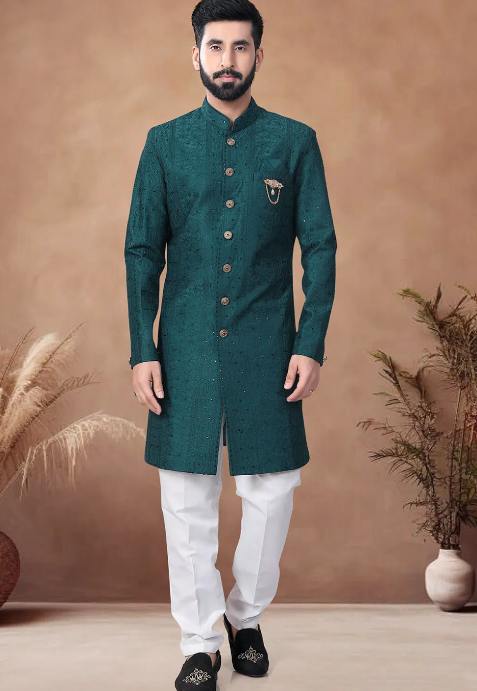 Embroidered Art Silk Sherwani in Teal Green