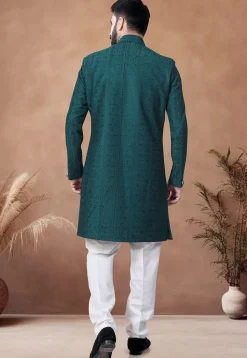 Embroidered Art Silk Sherwani in Teal Green