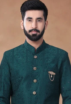 Embroidered Art Silk Sherwani in Teal Green