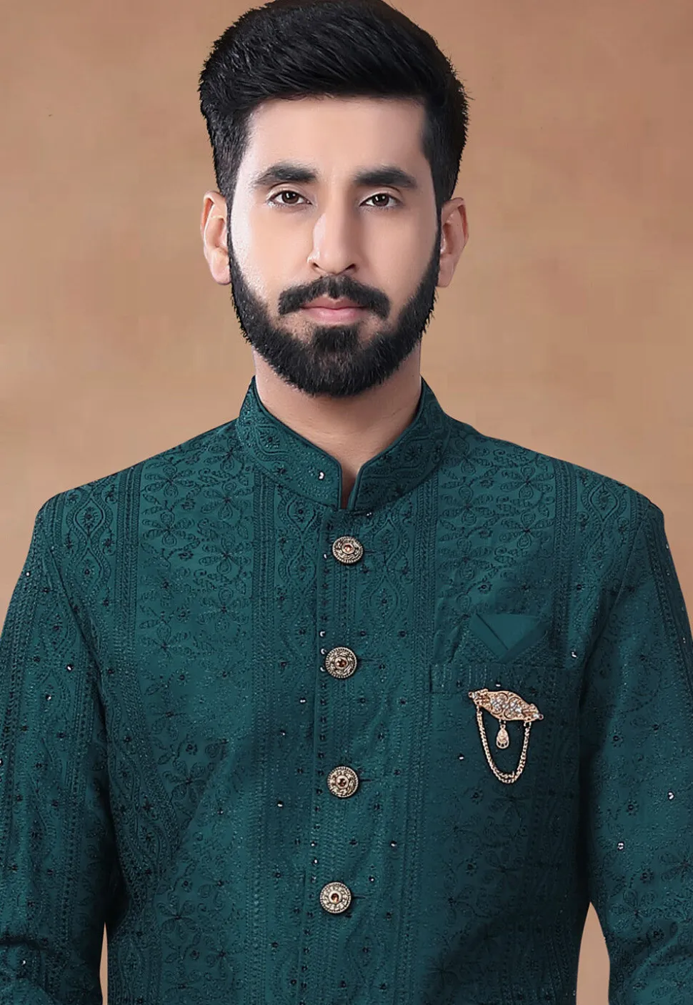 Embroidered Art Silk Sherwani in Teal Green
