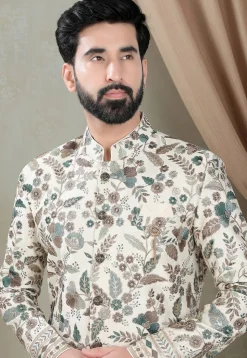 Embroidered Art Silk Sherwani in Cream