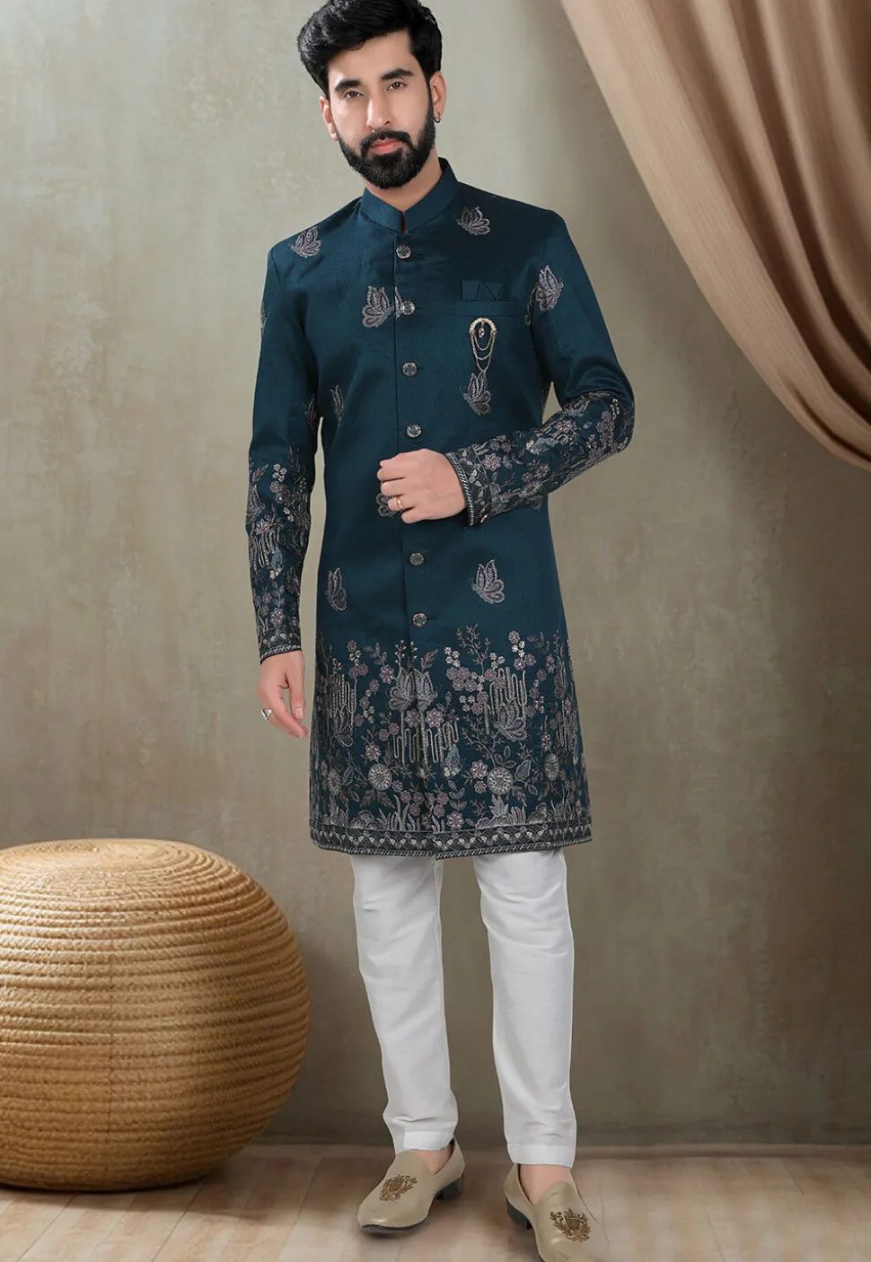 Embroidered Art Silk Sherwani in Teal Blue
