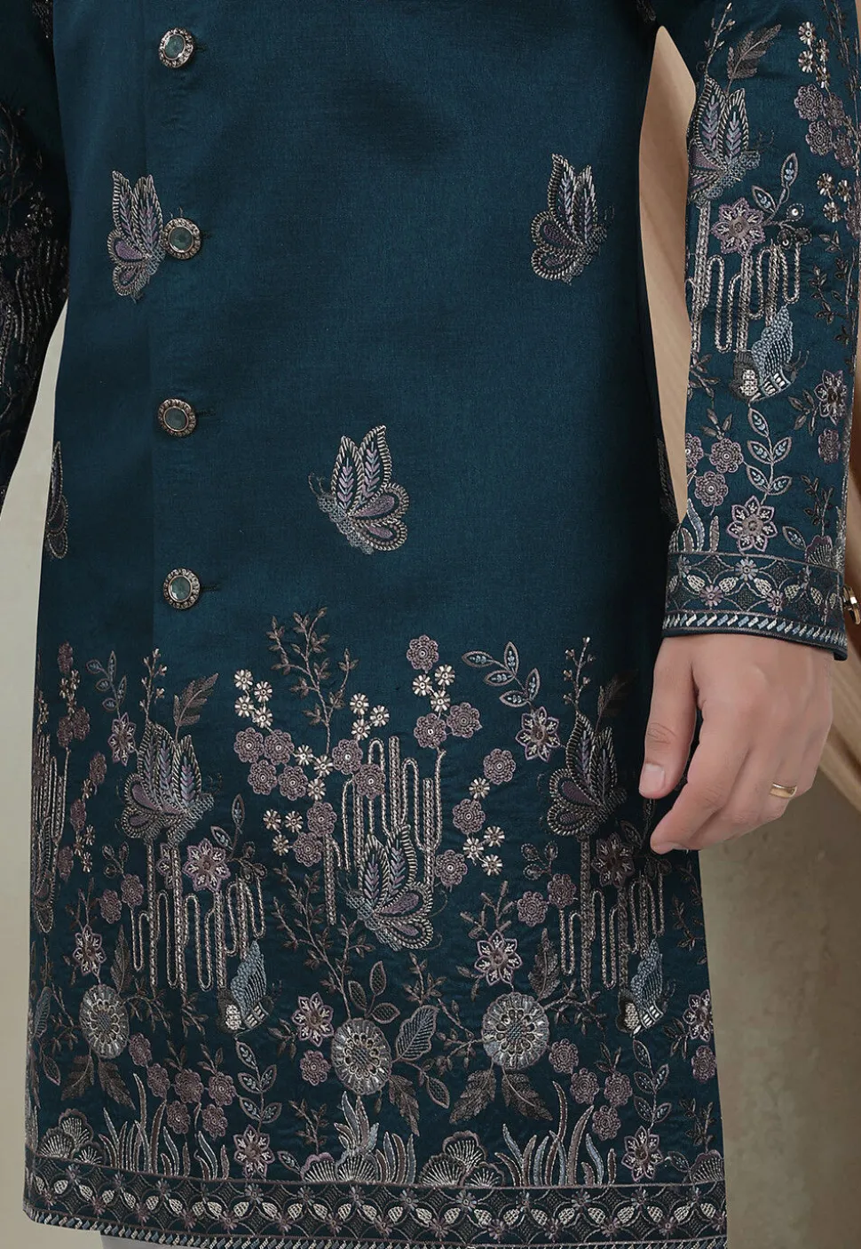 Embroidered Art Silk Sherwani in Teal Blue