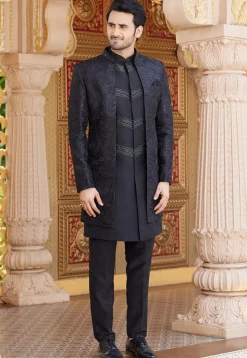 Embroidered Art Silk Sherwani in Black