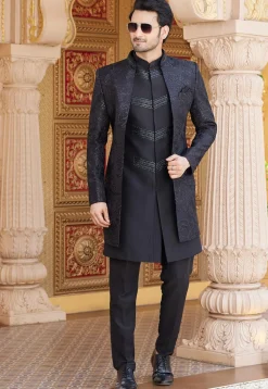Embroidered Art Silk Sherwani in Black