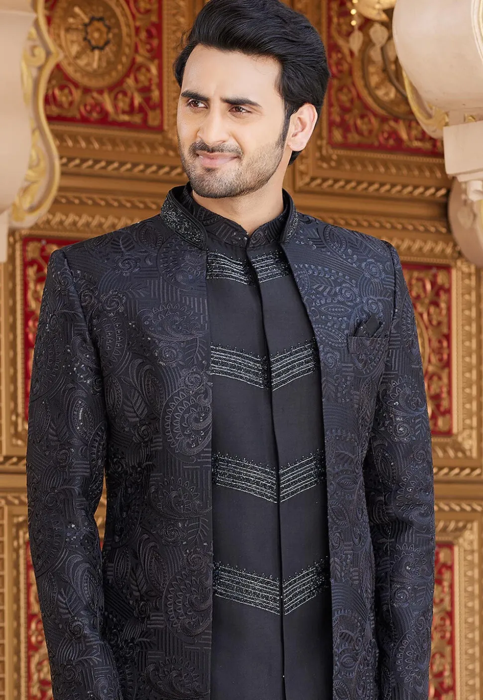 Embroidered Art Silk Sherwani in Black