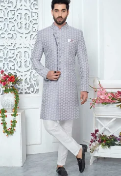 Embroidered Art Silk Sherwani in Purple