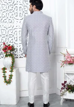 Embroidered Art Silk Sherwani in Purple