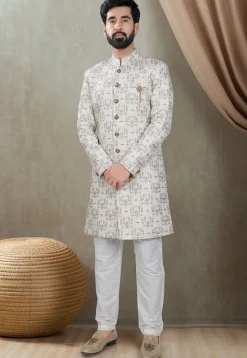 Embroidered Art Silk Sherwani in Cream