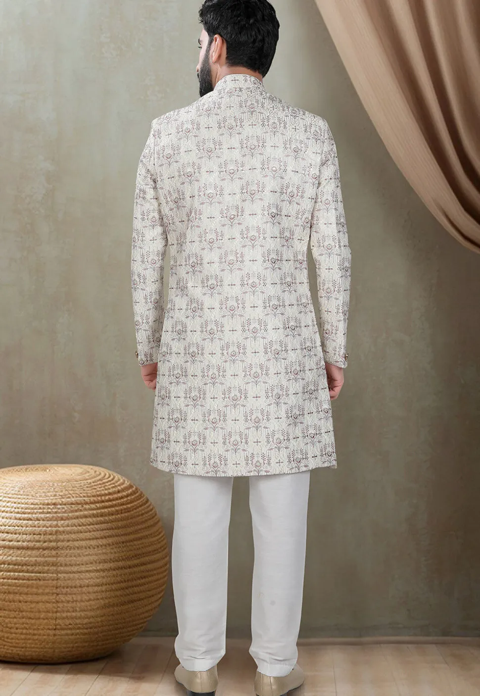 Embroidered Art Silk Sherwani in Cream
