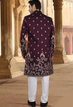 Embroidered Art Silk Sherwani in Purple
