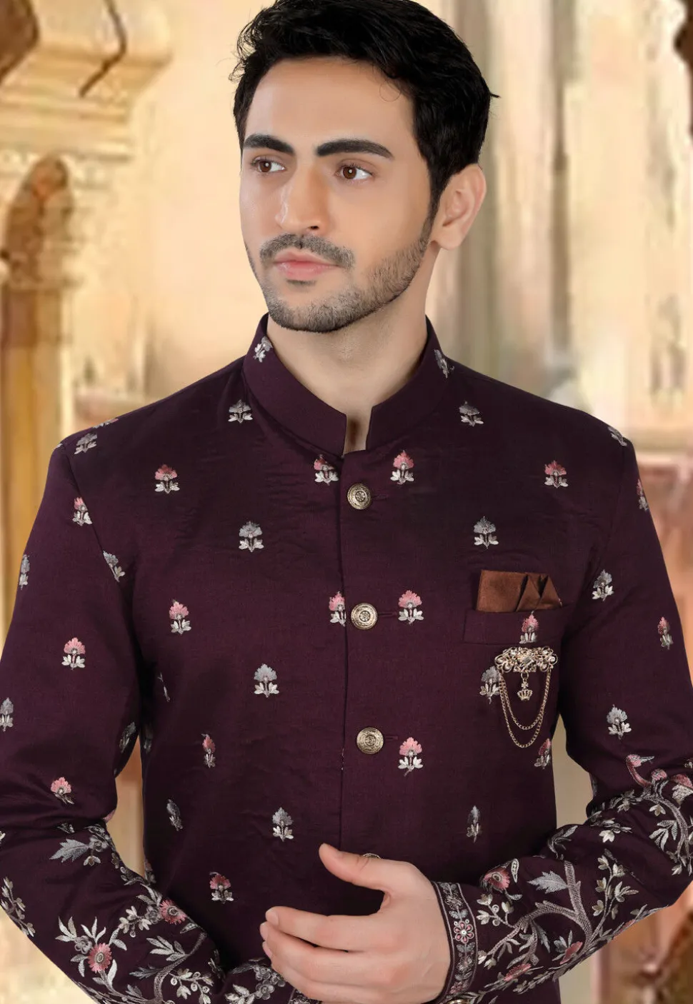 Embroidered Art Silk Sherwani in Purple