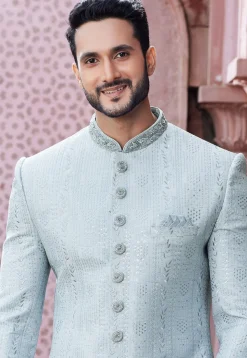 Embroidered Art Silk Sherwani in Light Sky Blue