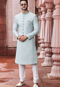 Embroidered Art Silk Sherwani in Light Sky Blue