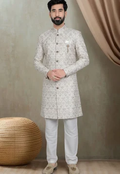 Embroidered Art Silk Sherwani in Cream