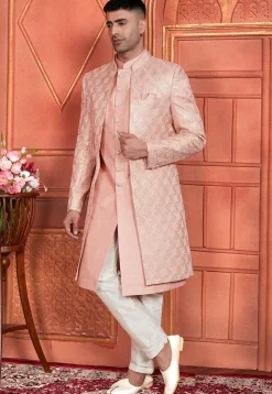 Embroidered Art Silk Sherwani in Peach