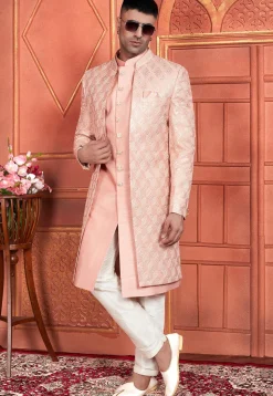 Embroidered Art Silk Sherwani in Peach