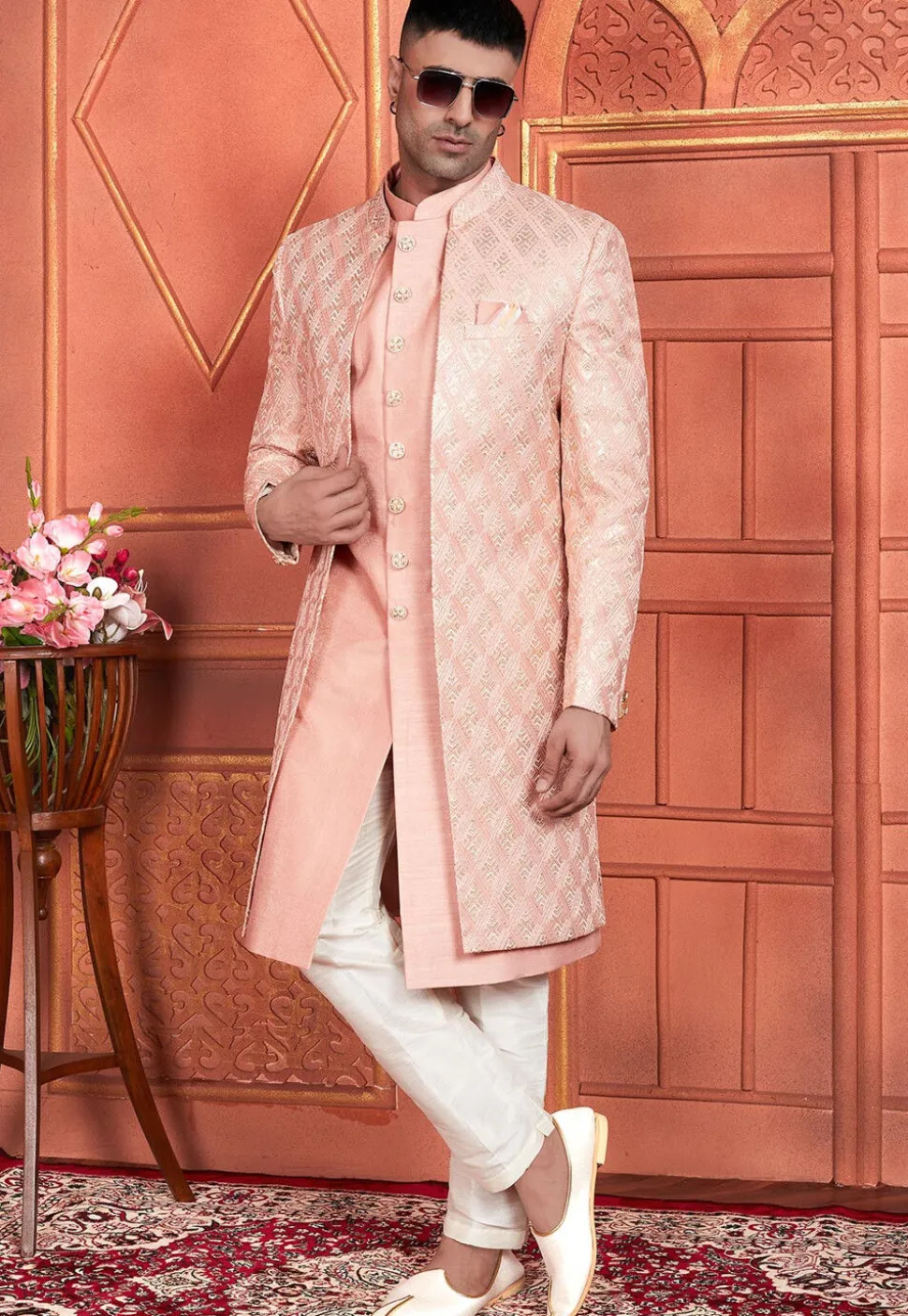 Embroidered Art Silk Sherwani in Peach