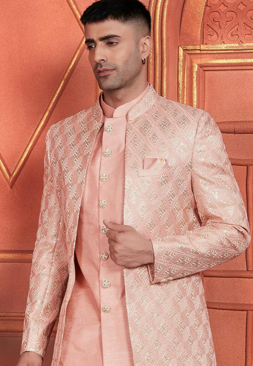 Embroidered Art Silk Sherwani in Peach