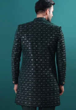 Embroidered Art Silk Sherwani in Dark Green