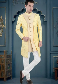 Embroidered Art Silk Sherwani in Yellow and Beige