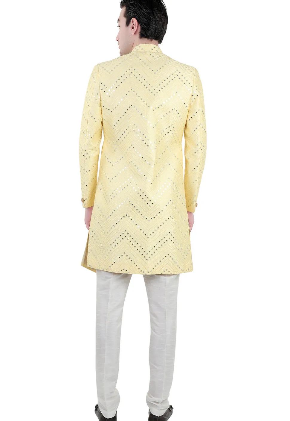 Embroidered Art Silk Sherwani in Yellow and Beige