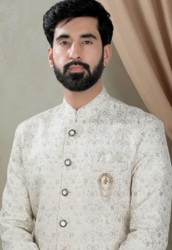 Embroidered Art Silk Sherwani in Cream