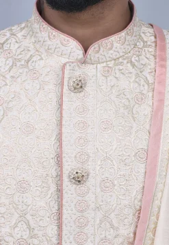 Embroidered Art Silk Sherwani in Cream