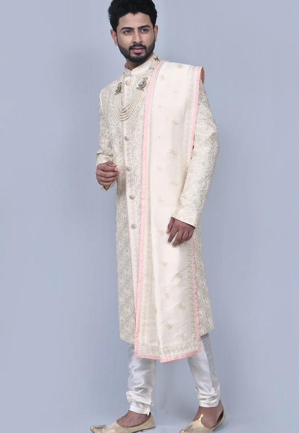 Embroidered Art Silk Sherwani in Cream