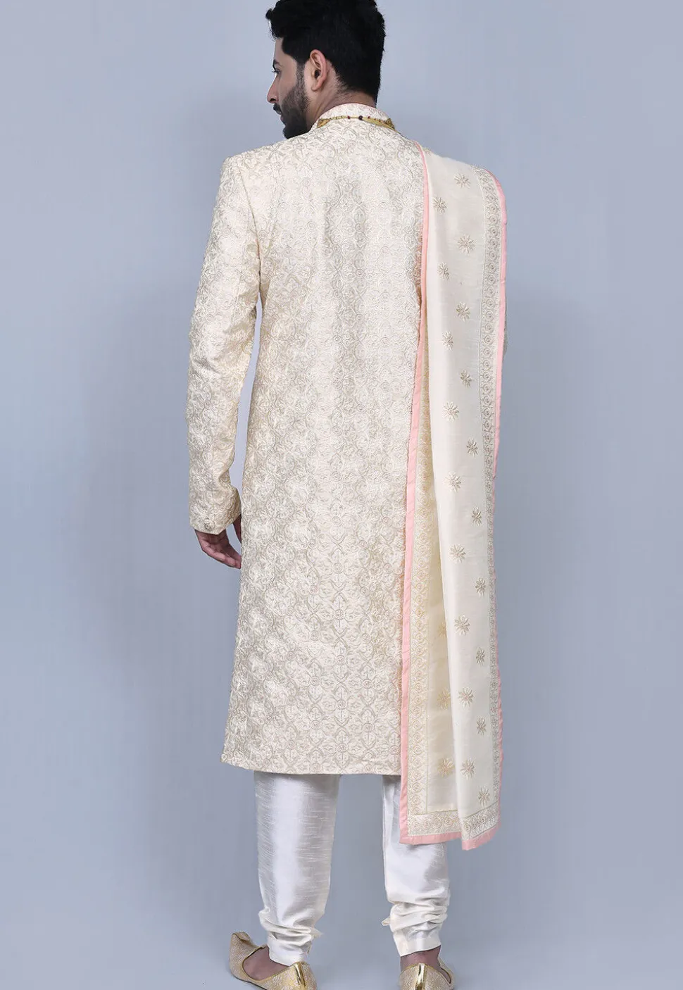 Embroidered Art Silk Sherwani in Cream