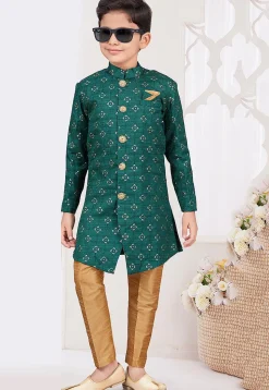 Embroidered Art Silk Sherwani in Teal Green