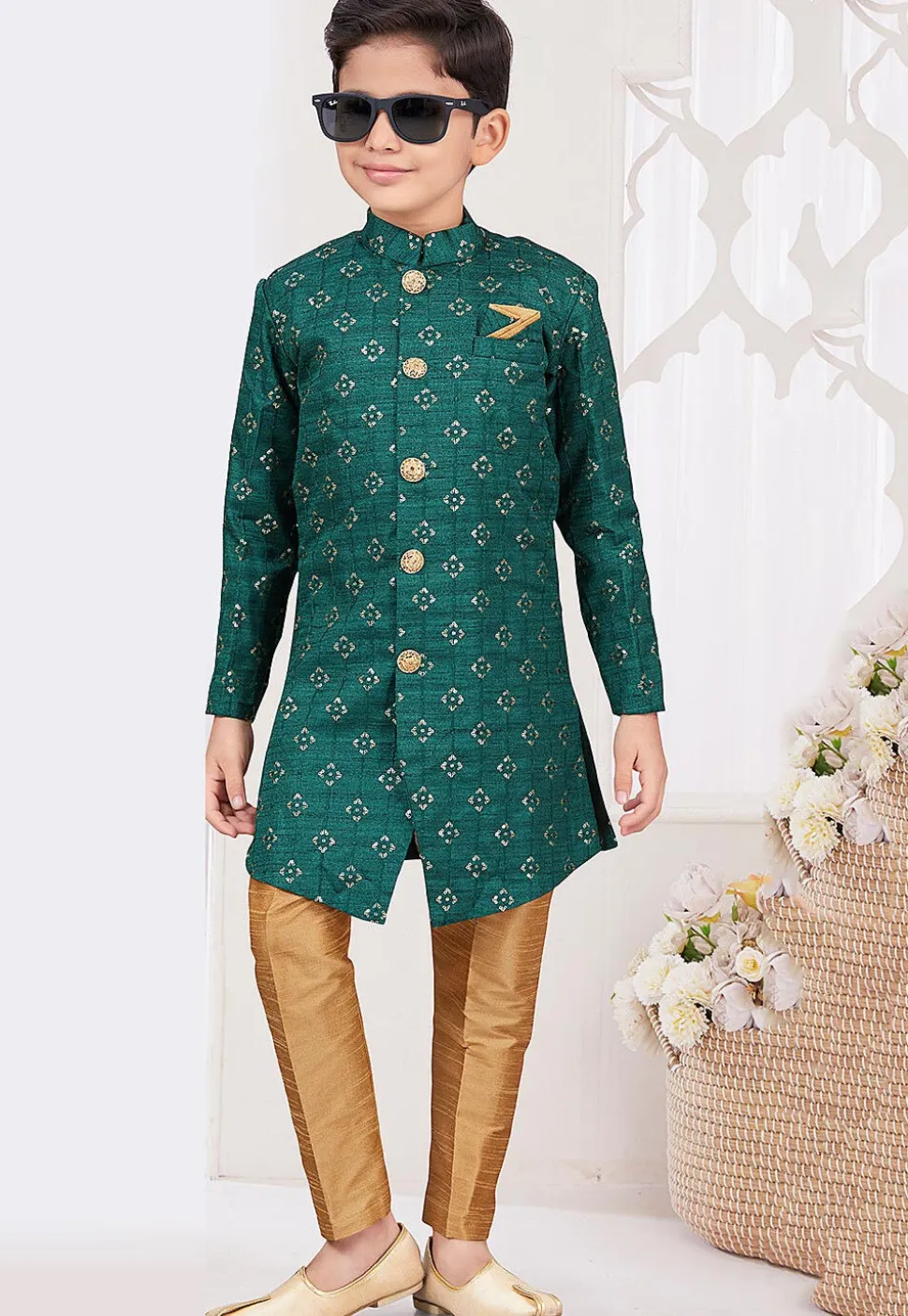 Embroidered Art Silk Sherwani in Teal Green