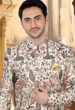 Embroidered Art Silk Sherwani in Off White