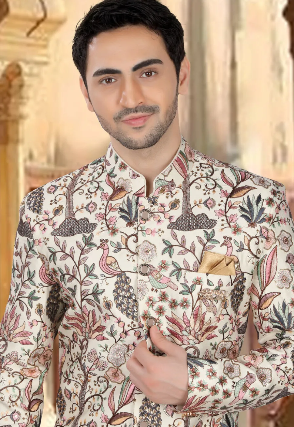 Embroidered Art Silk Sherwani in Off White