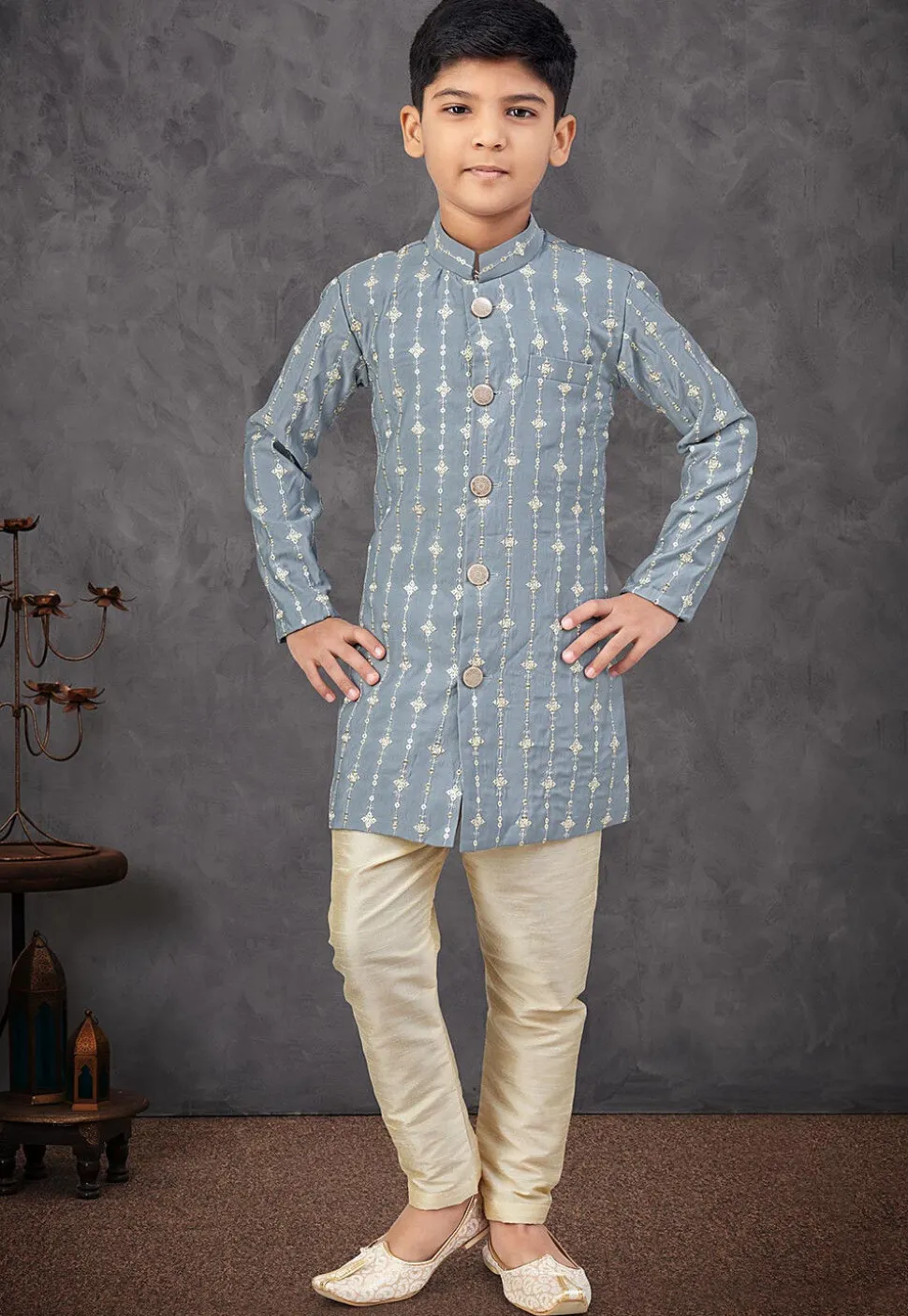 Embroidered Art Silk Sherwani in Grey