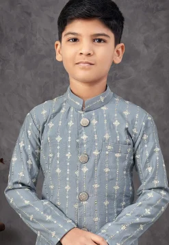 Embroidered Art Silk Sherwani in Grey