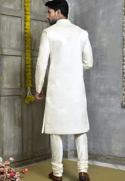 Embroidered Art Silk Sherwani in Off White