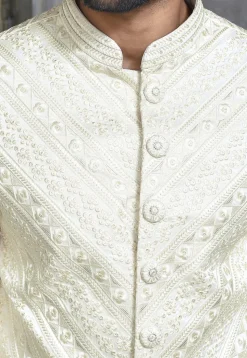 Embroidered Art Silk Sherwani in Off White
