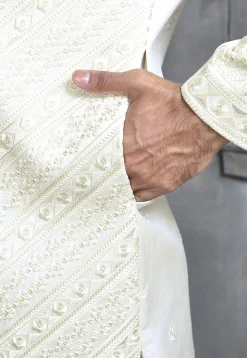 Embroidered Art Silk Sherwani in Off White