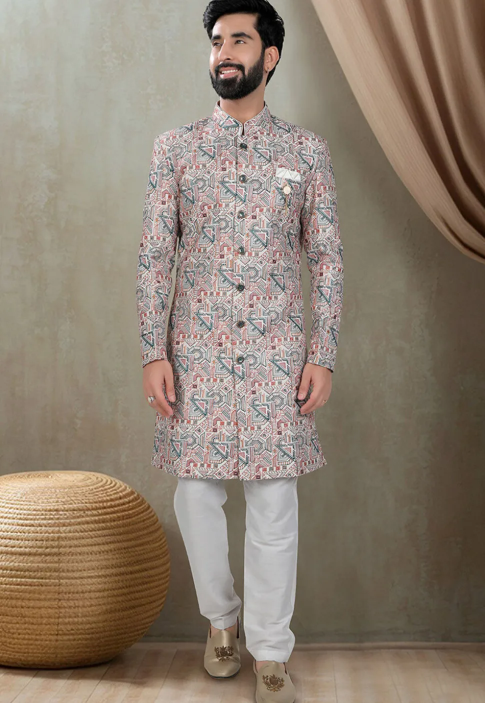 Embroidered Art Silk Sherwani in Off White