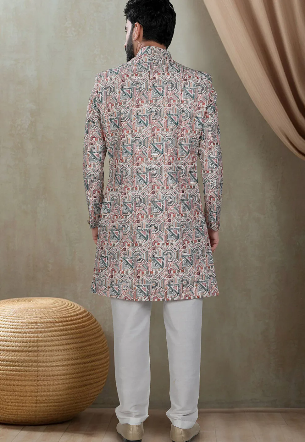 Embroidered Art Silk Sherwani in Off White