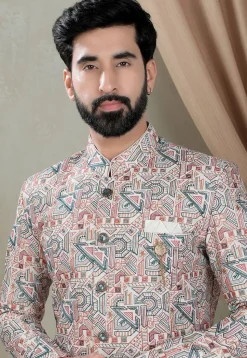 Embroidered Art Silk Sherwani in Off White